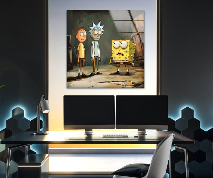 Cartoon Of Rick Morty and Spongebob Glass Wall Art glass wall decor, glass wall art decor
