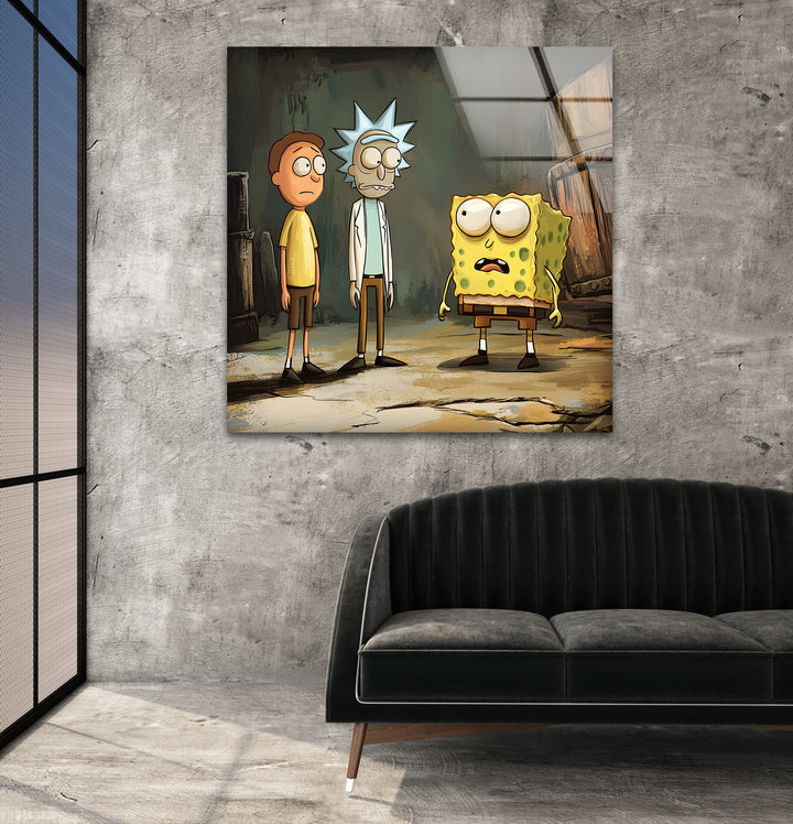 Cartoon Of Rick Morty and Spongebob Glass Wall Art print on glass, glass printed photos
