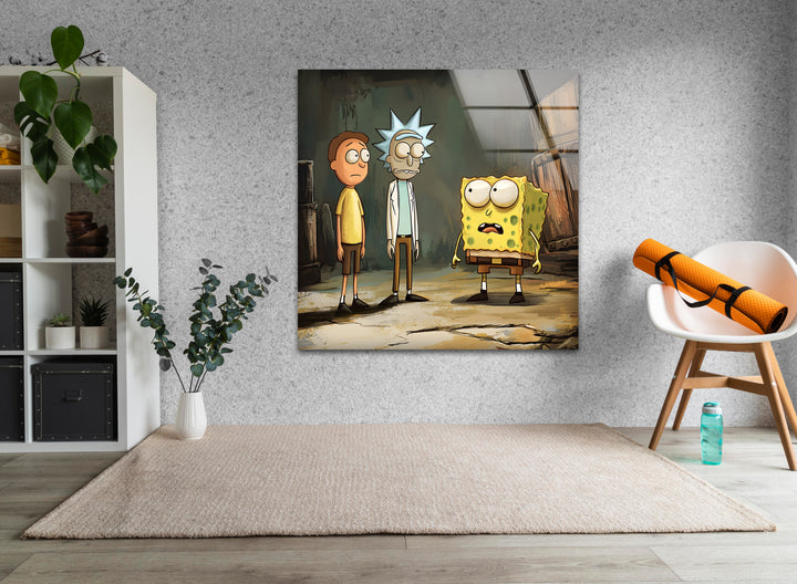 Cartoon Of Rick Morty and Spongebob Glass Wall Art print picture on glass, Tempered Glass Wall Art
