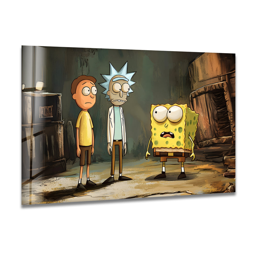 Cartoon Of Rick Morty and Spongebob Glass Wall Art custom glass pictures, glass art prints
