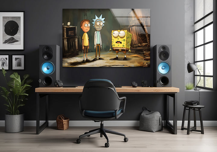 Cartoon Of Rick Morty and Spongebob Glass Wall Art stained glass wall art, stained glass wall decor
