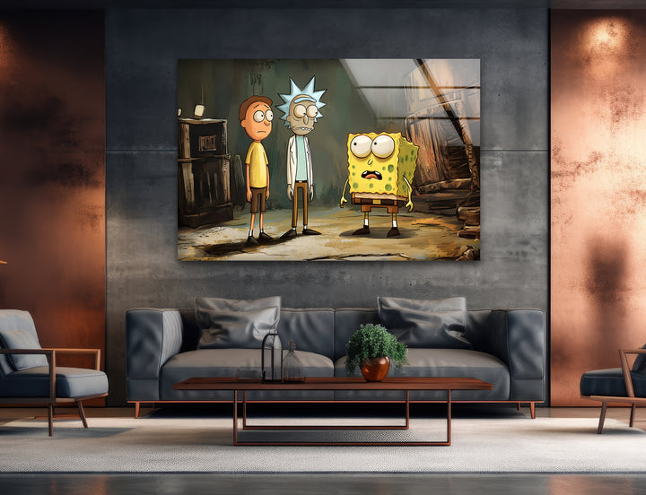 Cartoon Of Rick Morty and Spongebob Glass Wall Art glass art painting, glass art for the Wall
