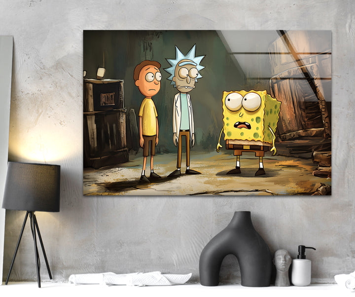 Cartoon Of Rick Morty and Spongebob Glass Wall Art art glass wall art, glass wall art pictures
