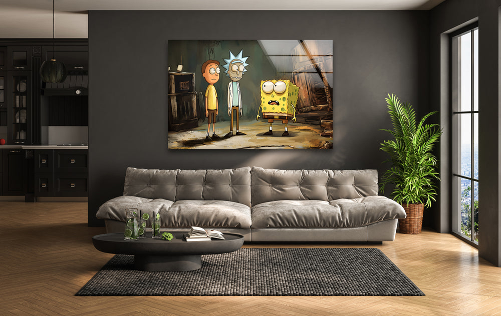 Cartoon Of Rick Morty and Spongebob Glass Wall Art photo print on glass, prints on glass wall art
