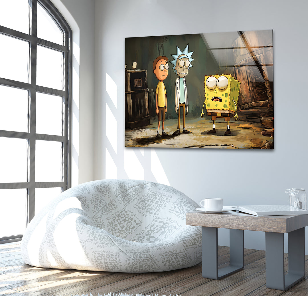 Cartoon Of Rick Morty and Spongebob Glass Wall Art custom glass photo prints, large glass prints
