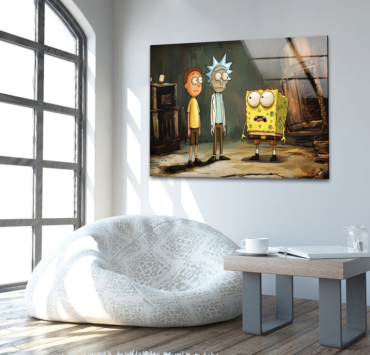 Cartoon Of Rick Morty and Spongebob Glass Wall Art custom glass photo prints, large glass prints
