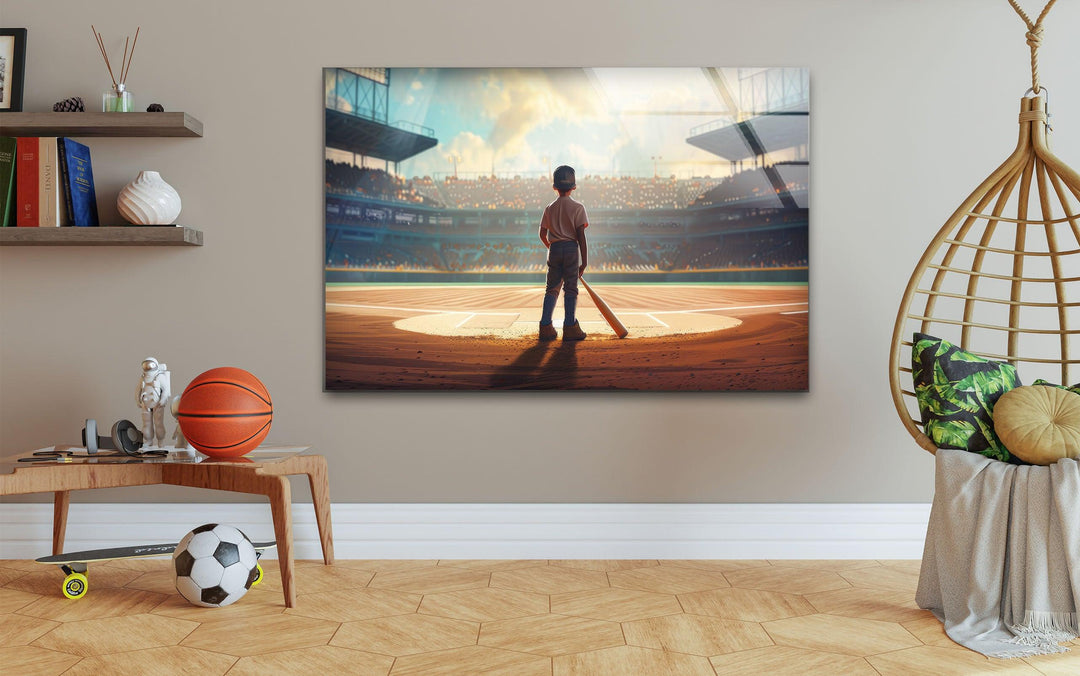 Glaswandkunst mit Baseballspieler als Kind