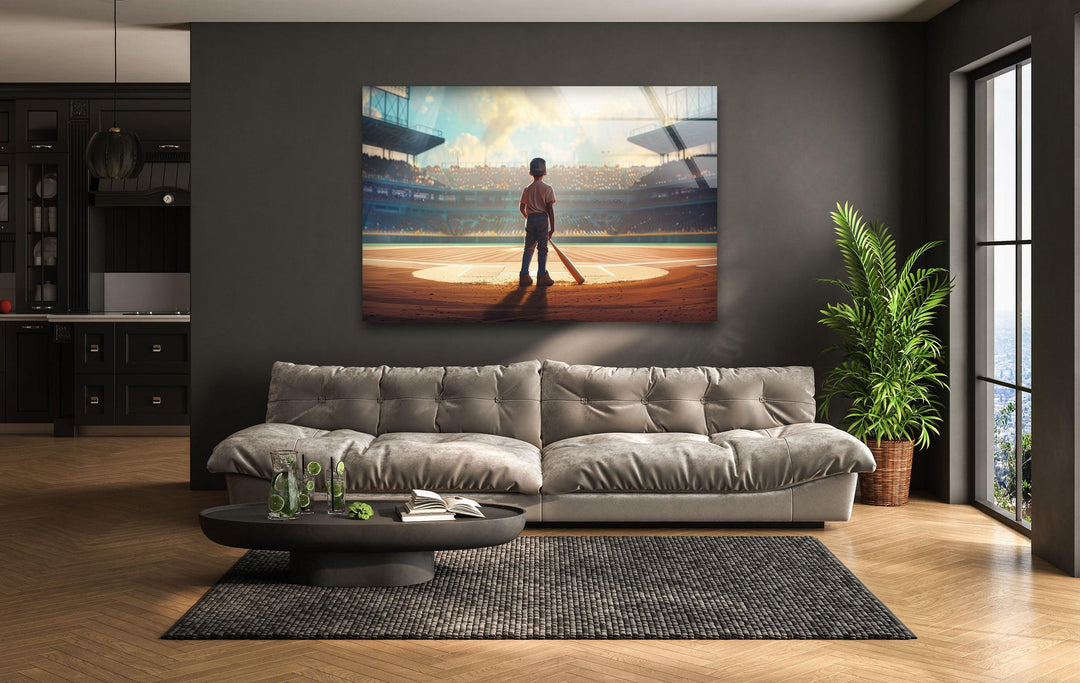 Glaswandkunst mit Baseballspieler als Kind