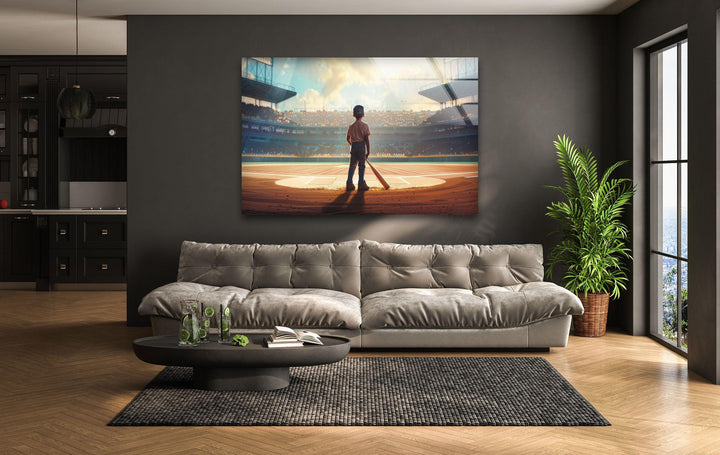 Glaswandkunst mit Baseballspieler als Kind
