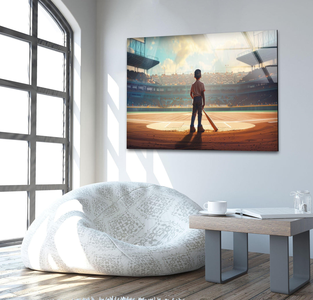 Glaswandkunst mit Baseballspieler als Kind