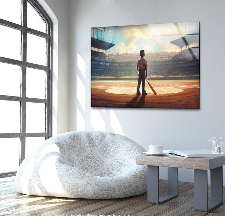 Glaswandkunst mit Baseballspieler als Kind