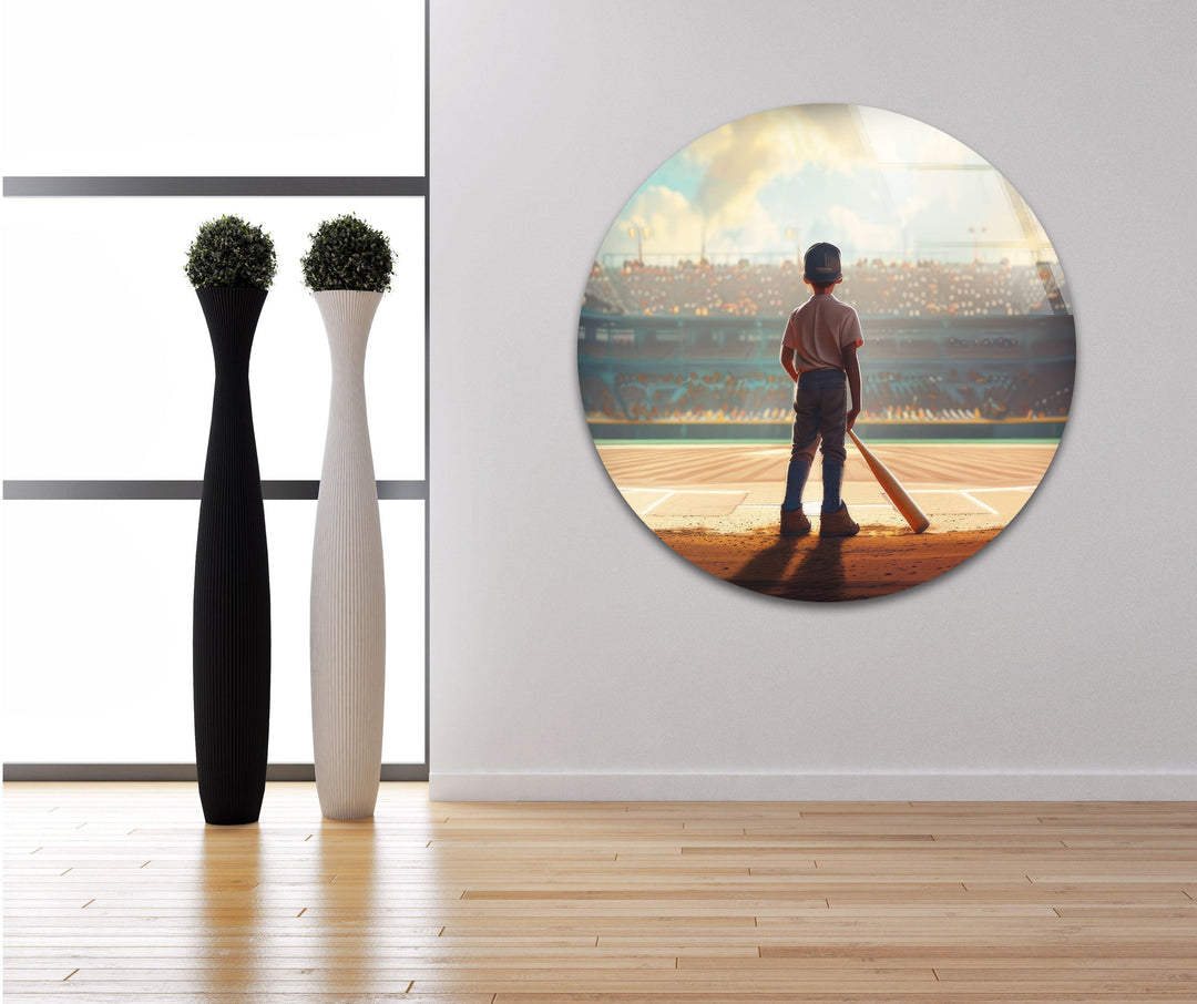 Glaswandkunst mit Baseballspieler als Kind
