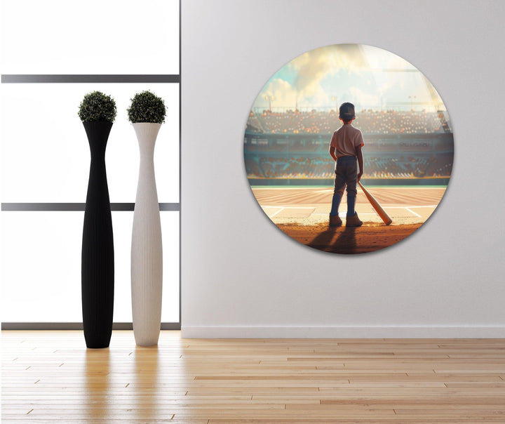 Glaswandkunst mit Baseballspieler als Kind