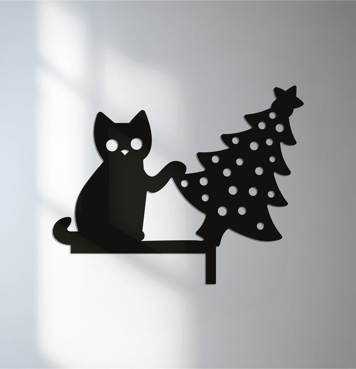 Cat and Christmas tree metal wall art for festive home décor