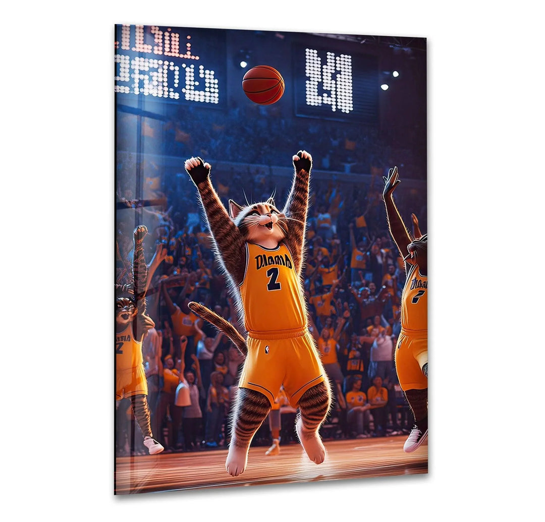 Glass wall art of a cat basketball player celebrating a shot on a vibrant arena court.