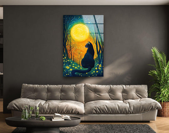 Dominant yellows and deep blues highlight this stunning glass wall artwork featuring a black cat gazing at a glowing moon.
