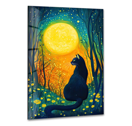 A vertical orientation of this glass wall art depicts a black cat sitting under a bright yellow moon in a forest.