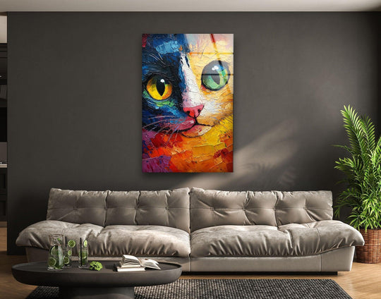 A vibrant and expressive cat head hanging wall art captures a playful and energetic mood with its bold colors.