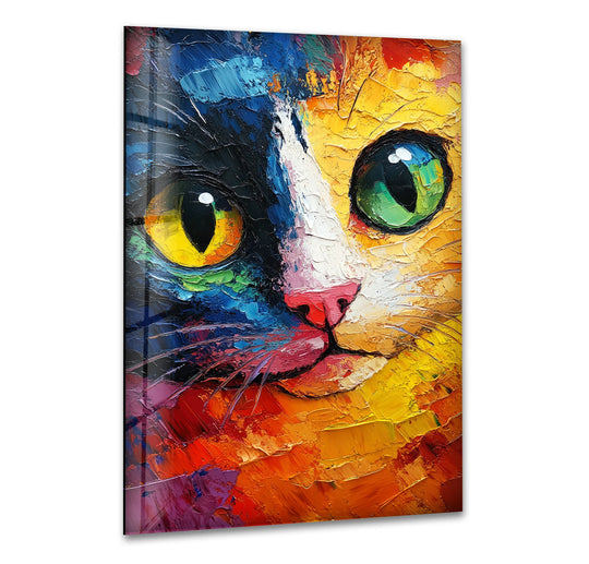 Abstract cat face formed with bold, textured strokes of vibrant oil paint wall art, presented as glass decor.