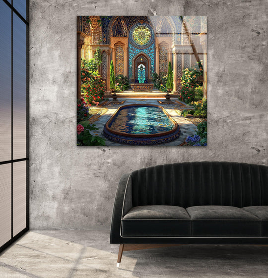 A spacious concrete wall provides negative space for this stunning hanging wall art, showcasing a tranquil garden with a serene pool.