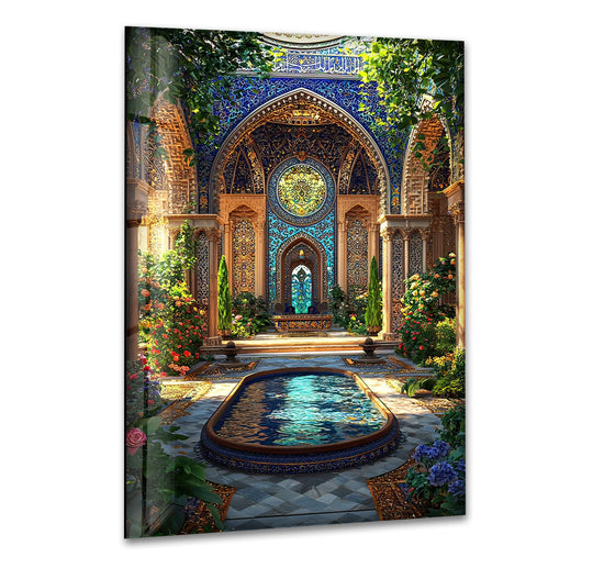 A tranquil courtyard with a tranquil pool and lush greenery, captured in decorative wall art.