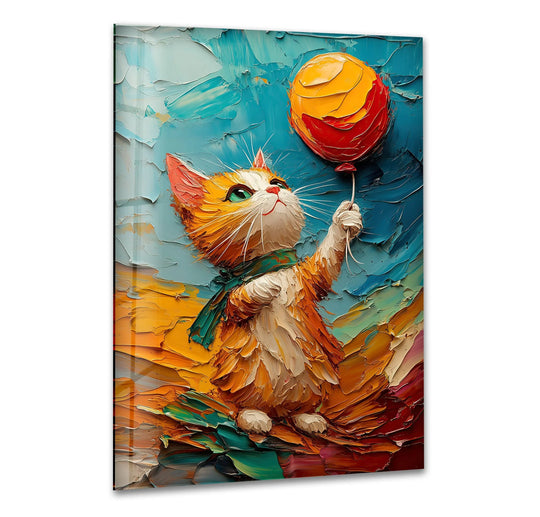 A cheerful orange kitten with a green scarf gazes at a bright yellow and red balloon, rendered in thick impasto strokes on this vibrant hanging wall art.