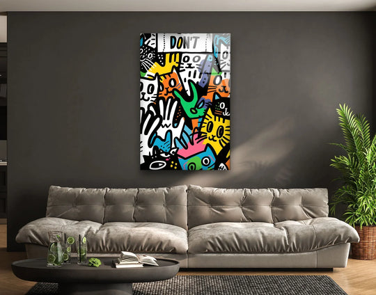 Vibrant cats in a bold, graffiti-inspired style dominate this dynamic glass art piece.