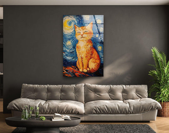 A fluffy orange cat sits serenely in a style reminiscent of Van Gogh's Starry Night on this glass wall art, showcasing intricate detail.