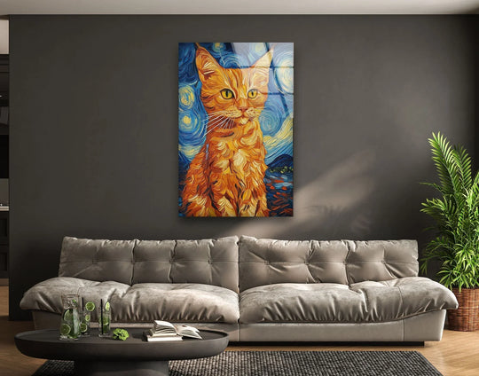 A ginger cat painted in Van Gogh's style sits majestically in this glass wall artwork, with light and shadow creating a dramatic, swirling effect.