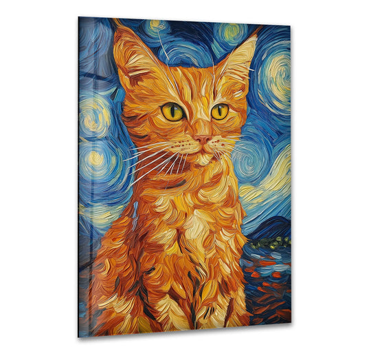 Dark navy and deep blue swirls dominate the background of this glass art orange cat painting.