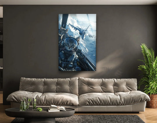 Cats in flight on this smooth glass wall art, featuring a pilot's detailed fur and the sleek metal of the jet, offers a glossy texture.