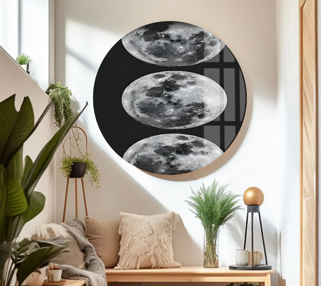 Moon phase composition on tempered glass highlighting crater details and celestial contrast.