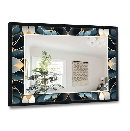 The black frame mirror features a dark blue leaves motif and gold accents and it is decorative glass wall art wall mirror for luxury glass decor