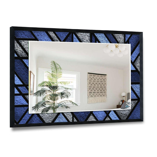 This geometric wall mirror features blue and silver stained glass and is a decorative mirror choice and blue geometric mirror for modernizing your home