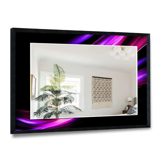 A Pink & Purple Lines wall mirror in a sleek black frame showcases abstract mirror art and reflects a modern room