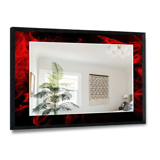 A black frame wall mirror featuring a vibrant red smoke abstract design a striking horizontal modern art piece for bold interiors