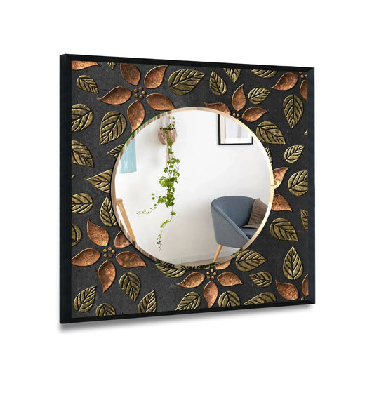 Black frame mirrors with copper flowers and gold leaves an artistic floral pattern and abstract reflective design