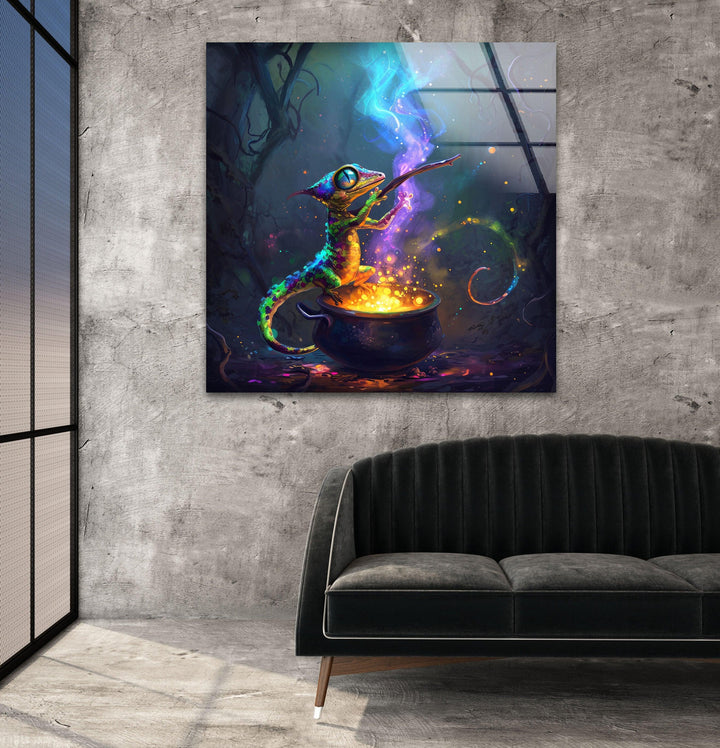 Chameleon Wizard Glass Wall Art, custom glass pictures, glass art prints