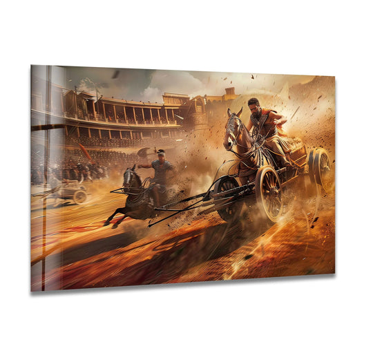 Ancient Rome chariots race through dusty layers of arena action in this stunning glass wall art.