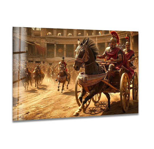 Dynamic abstractions of Roman chariots race across a sandy arena, captured in bold glass art.