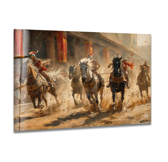 Dust billows softly around the racing horses in this mounted gladiator glass wall art, showcasing the best glass art.