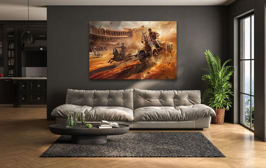 A serene scene of ancient Rome's chariot race captured in stunning glass wall art home decoration.