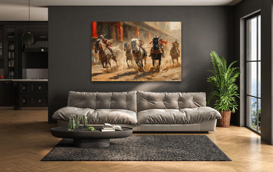 Mounted gladiator glass art bursts with rich, saturated hues and energetic motion, showcasing vibrant Roman combat.