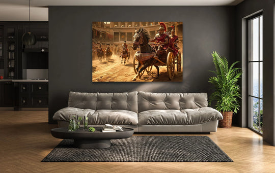 Dark shadows obscure the left side of this Roman chariot race glass wall art, adding depth to the scene.