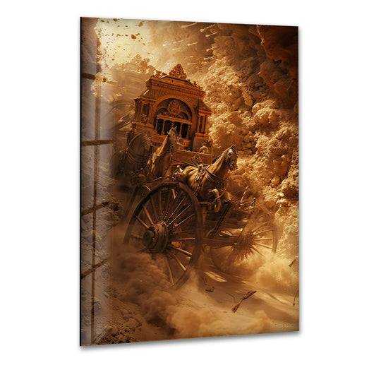 Dominant in warm ochre tones, this chariot glass wall art decor depicts a dramatic desert scene.
