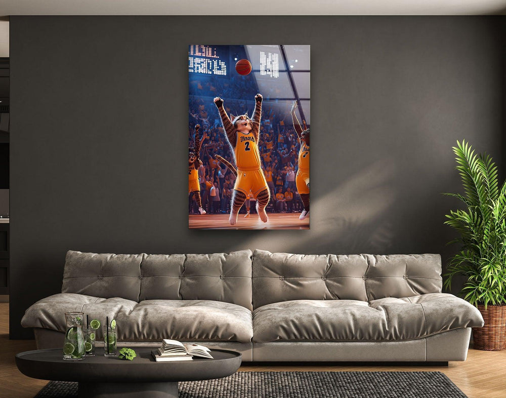 Fun basketball glass print featuring a jersey-wearing cat cheering under bright stadium lights.