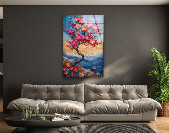 A vibrant glass wall art of a blooming cherry blossom tree, rendered as best glass art, graces a textured wall.