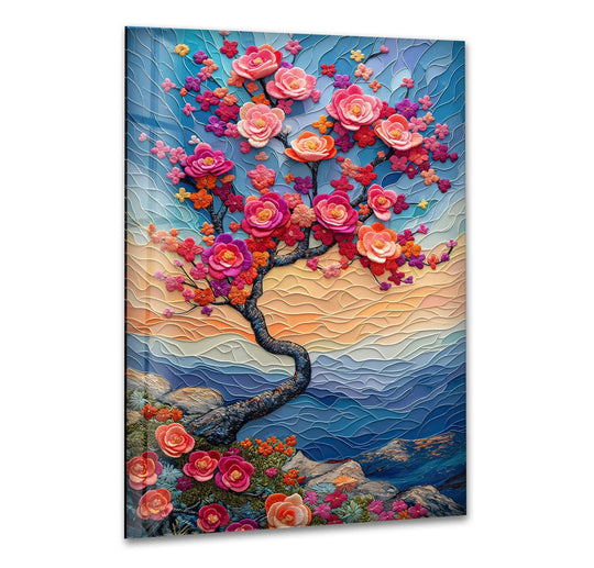 Abstract glass wall art showcases a blooming cherry blossom tree with textured petals against a vibrant, wavy background, perfect for home decor.