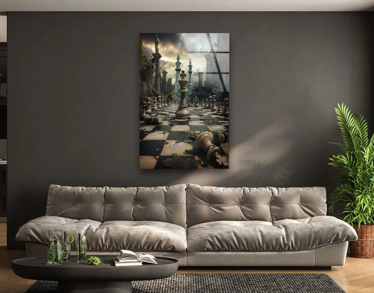 Realistic detail of a grand chessboard battlefield, a large glass wall art decor with weathered pieces and ruins.