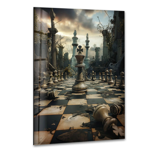 The textured surface of this tempered glass wall art depicts a dramatic, weathered chessboard amidst ancient ruins under a cloudy sky.